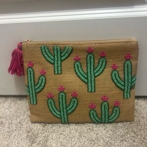 Mud Pie Tan Clutch with Green Embroidery and Pink Tassel